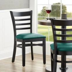 Lancaster Table & Seating Black Finish Wooden Ladder Back Chair With 2 1/2" Green Padded Seat