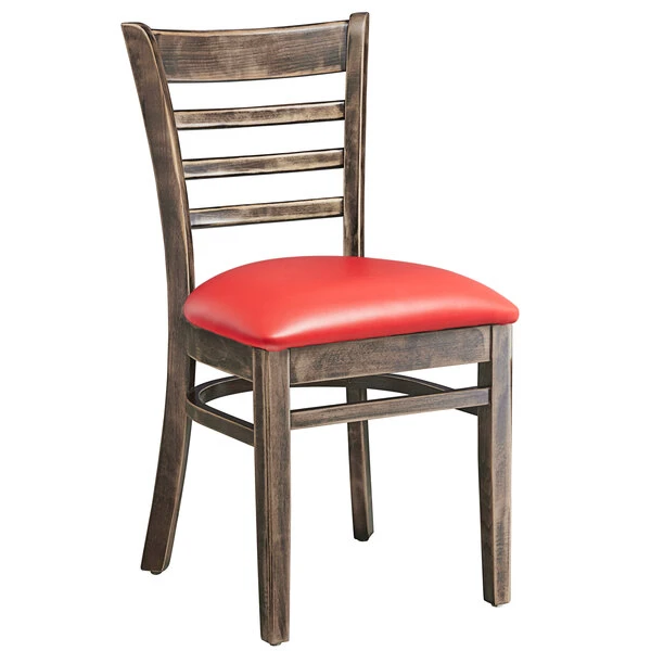 Lancaster Table & Seating Vintage Finish Wooden Ladder Back Chair With 2 1/2" Red Padded Seat 2 Lancaster Table & Seating Vintage Finish Wooden Ladder Back Chair With 2 1/2" Red Padded Seat - Image 2