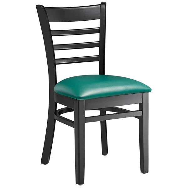 Lancaster Table & Seating Black Finish Wooden Ladder Back Chair With 2 1/2" Green Padded Seat 2 Lancaster Table & Seating Black Finish Wooden Ladder Back Chair With 2 1/2" Green Padded Seat - Image 2