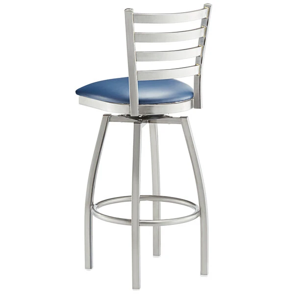 Lancaster Table & Seating Clear Coat Finish Ladder Back Swivel Bar Stool With 2 1/2" Navy Vinyl Padded Seat 3 Lancaster Table & Seating Clear Coat Finish Ladder Back Swivel Bar Stool With 2 1/2" Navy Vinyl Padded Seat - Image 3