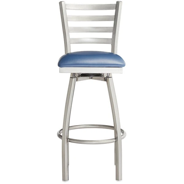 Lancaster Table & Seating Clear Coat Finish Ladder Back Swivel Bar Stool With 2 1/2" Navy Vinyl Padded Seat 4 Lancaster Table & Seating Clear Coat Finish Ladder Back Swivel Bar Stool With 2 1/2" Navy Vinyl Padded Seat - Image 4