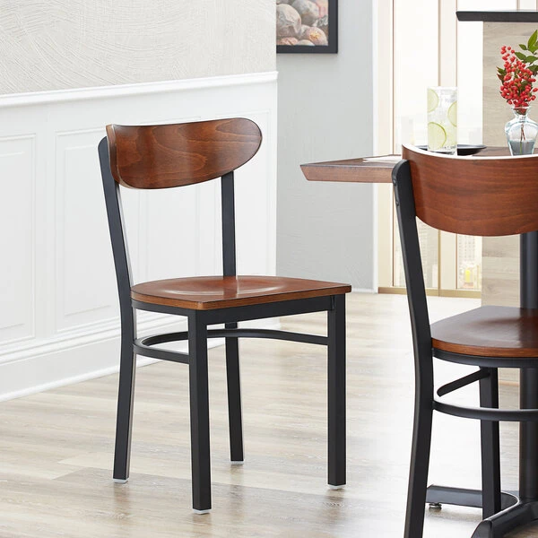 LT&S Boomerang Series Lancaster Table & Seating Boomerang Black Finish Chair With Antique Walnut Wood Seat And Back 1 LT&S Boomerang Series Lancaster Table & Seating Boomerang Black Finish Chair With Antique Walnut Wood Seat And Back