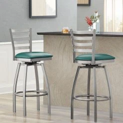 Lancaster Table & Seating Clear Coat Finish Ladder Back Swivel Bar Stool With 2 1/2" Green Vinyl Padded Seat