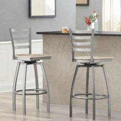 Lancaster Table & Seating Clear Coat Finish Ladder Back Swivel Bar Stool With Driftwood Seat
