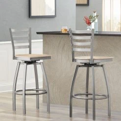 Lancaster Table & Seating Clear Coat Finish Ladder Back Swivel Bar Stool With Natural Wood Seat