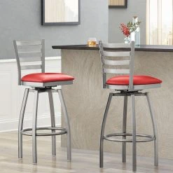 Lancaster Table & Seating Clear Coat Finish Ladder Back Swivel Bar Stool With 2 1/2" Red Vinyl Padded Seat