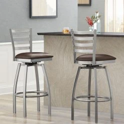 Lancaster Table & Seating Clear Coat Finish Ladder Back Swivel Bar Stool With 2 1/2" Dark Brown Vinyl Padded Seat