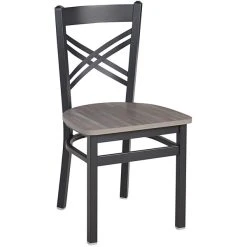 BFM Seating Akrin Sand Black Steel Cross Back Chair With Relic Chestnut Melamine Seat