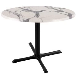 Holland Bar Stool OD211-3030BWOD30RWM 30" Round White Marble Laminate Outdoor / Indoor Standard Height Table With Cross Base