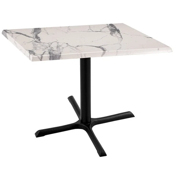 Holland Bar Stool OD211-3030BWOD30SQWM 30" Square White Marble Laminate Outdoor / Indoor Standard Height Table With Cross Base 1 Holland Bar Stool OD211-3030BWOD30SQWM 30" Square White Marble Laminate Outdoor / Indoor Standard Height Table With Cross Base