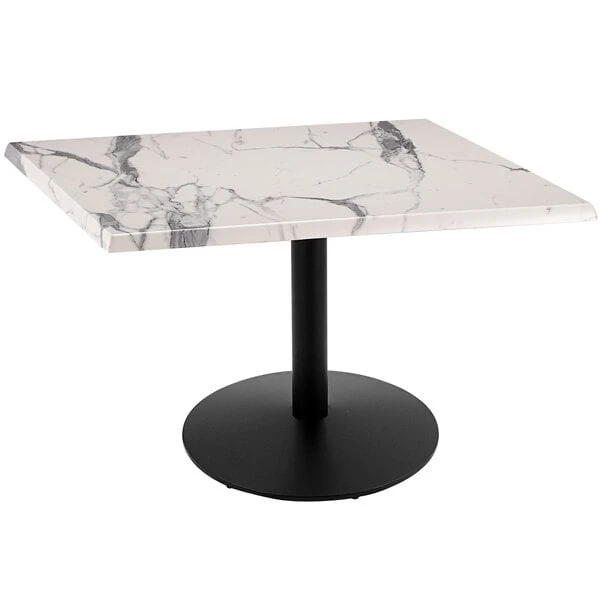 Holland Bar Stool OD214-2230BWOD36SQWM 36" Square White Marble Laminate Outdoor / Indoor Standard Height Table With Round Base 1 Holland Bar Stool OD214-2230BWOD36SQWM 36" Square White Marble Laminate Outdoor / Indoor Standard Height Table With Round Base