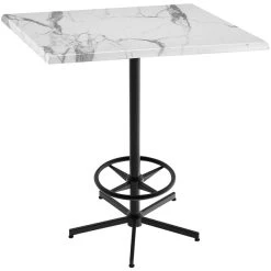 Holland Bar Stool OD21642BWOD36SQWM 36" Square White Marble Laminate Outdoor / Indoor Bar Height Table With Foot Rest Base