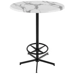 Holland Bar Stool OD21642BWOD30RWM 30" Round White Marble Laminate Outdoor / Indoor Bar Height Table With Foot Rest Base