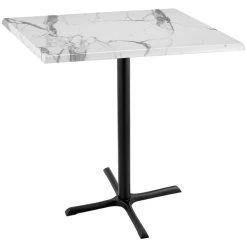 Holland Bar Stool OD211-3042BWOD36SQWM 36" Square White Marble Laminate Outdoor / Indoor Bar Height Table With Cross Base
