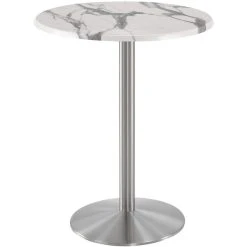 Holland Bar Stool OD214-2242SSOD30RWM 30" Round White Marble Laminate Outdoor / Indoor Bar Height Table With Stainless Steel Round Base
