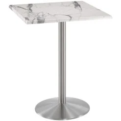 Holland Bar Stool OD214-2242SSOD30SQWM 30" Square White Marble Laminate Outdoor / Indoor Bar Height Table With Stainless Steel Round Base