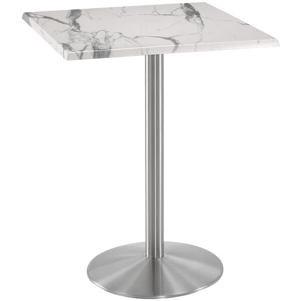 Holland Bar Stool OD214-2242SSOD30SQWM 30" Square White Marble Laminate Outdoor / Indoor Bar Height Table With Stainless Steel Round Base 1 Holland Bar Stool OD214-2242SSOD30SQWM 30" Square White Marble Laminate Outdoor / Indoor Bar Height Table With Stainless Steel Round Base