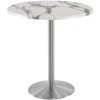 Holland Bar Stool OD214-2242SSOD36RWM 36" Round White Marble Laminate Outdoor / Indoor Bar Height Table With Stainless Steel Round Base