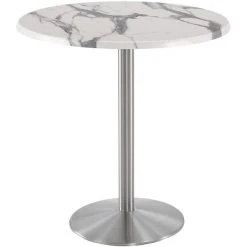 Holland Bar Stool OD214-2242SSOD36RWM 36" Round White Marble Laminate Outdoor / Indoor Bar Height Table With Stainless Steel Round Base