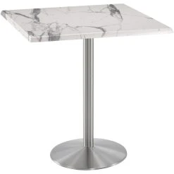 Holland Bar Stool OD214-2242SSOD36SQWM 36" Square White Marble Laminate Outdoor / Indoor Bar Height Table With Stainless Steel Round Base