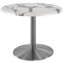 Holland Bar Stool OD214-2230SSOD30RWM 30" Round White Marble Laminate Outdoor / Indoor Standard Height Table With Stainless Steel Round Base