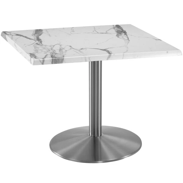 Holland Bar Stool OD214-2230SSOD30SQWM 30" Square White Marble Laminate Outdoor / Indoor Standard Height Table With Stainless Steel Round Base 1 Holland Bar Stool OD214-2230SSOD30SQWM 30" Square White Marble Laminate Outdoor / Indoor Standard Height Table With Stainless Steel Round Base