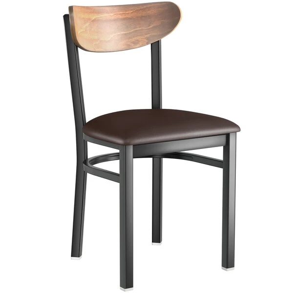 LT&S Boomerang Series Lancaster Table & Seating Boomerang Black Finish Chair With 2 1/2" Dark Brown Vinyl Padded Seat And Vintage Wood Back 2 LT&S Boomerang Series Lancaster Table & Seating Boomerang Black Finish Chair With 2 1/2" Dark Brown Vinyl Padded Seat And Vintage Wood Back - Image 2