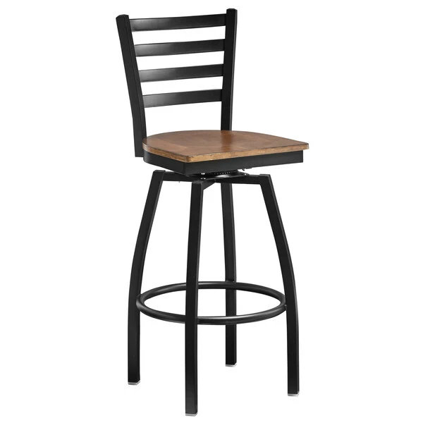 Lancaster Table & Seating Black Finish Ladder Back Swivel Bar Stool With Vintage Wood Seat 2 Lancaster Table & Seating Black Finish Ladder Back Swivel Bar Stool With Vintage Wood Seat - Image 2