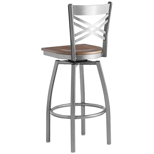 Lancaster Table & Seating Clear Coat Finish Cross Back Swivel Bar Stool With Vintage Wood Seat 3 Lancaster Table & Seating Clear Coat Finish Cross Back Swivel Bar Stool With Vintage Wood Seat - Image 3