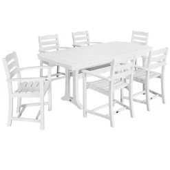 POLYWOOD La Casa Cafe 7-Piece White Dining Set With 6 Arm Chairs And Nautical Trestle Table