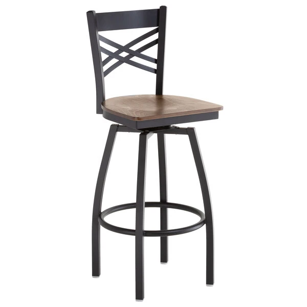 Lancaster Table & Seating Black Finish Cross Back Swivel Bar Stool With Vintage Wood Seat 2 Lancaster Table & Seating Black Finish Cross Back Swivel Bar Stool With Vintage Wood Seat - Image 2