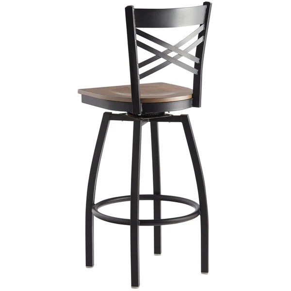 Lancaster Table & Seating Black Finish Cross Back Swivel Bar Stool With Vintage Wood Seat 3 Lancaster Table & Seating Black Finish Cross Back Swivel Bar Stool With Vintage Wood Seat - Image 3