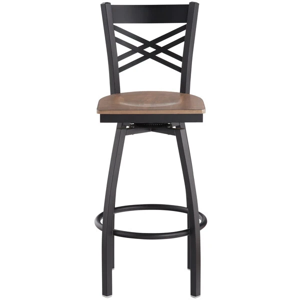 Lancaster Table & Seating Black Finish Cross Back Swivel Bar Stool With Vintage Wood Seat 4 Lancaster Table & Seating Black Finish Cross Back Swivel Bar Stool With Vintage Wood Seat - Image 4