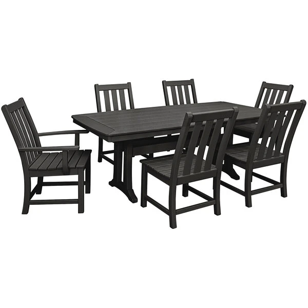 POLYWOOD Vineyard 7-Piece Black Dining Set With Nautical Trestle Table, 2 Arm Chairs, And 4 Side Chairs 1 POLYWOOD Vineyard 7-Piece Black Dining Set With Nautical Trestle Table, 2 Arm Chairs, And 4 Side Chairs