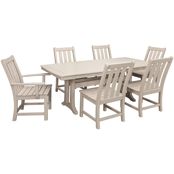 POLYWOOD Vineyard 7-Piece Sand Dining Set With Nautical Trestle Table, 2 Arm Chairs, And 4 Side Chairs 1 POLYWOOD Vineyard 7-Piece Sand Dining Set With Nautical Trestle Table, 2 Arm Chairs, And 4 Side Chairs