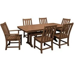 POLYWOOD Vineyard 7-Piece Teak Dining Set With Nautical Trestle Table, 2 Arm Chairs, And 4 Side Chairs