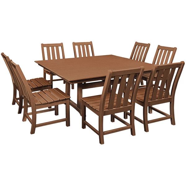 POLYWOOD Vineyard 9-Piece Teak Dining Set With Farmhouse Trestle Table 1 POLYWOOD Vineyard 9-Piece Teak Dining Set With Farmhouse Trestle Table