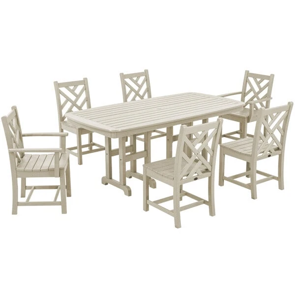 POLYWOOD Chippendale 7-Piece Sand Dining Set With Nautical Table 1 POLYWOOD Chippendale 7-Piece Sand Dining Set With Nautical Table