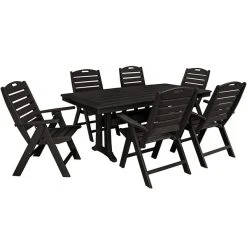 POLYWOOD Nautical 7-Piece Black Dining Set With 6 Folding Chairs And Nautical Trestle Table