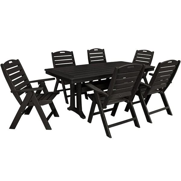 POLYWOOD Nautical 7-Piece Black Dining Set With 6 Folding Chairs And Nautical Trestle Table 1 POLYWOOD Nautical 7-Piece Black Dining Set With 6 Folding Chairs And Nautical Trestle Table