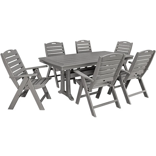 POLYWOOD Nautical 7-Piece Slate Grey Dining Set With 6 Folding Chairs And Nautical Trestle Table 1 POLYWOOD Nautical 7-Piece Slate Grey Dining Set With 6 Folding Chairs And Nautical Trestle Table