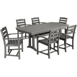 POLYWOOD La Casa Cafe 7-Piece Slate Grey Dining Set With 6 Arm Chairs And Nautical Trestle Table