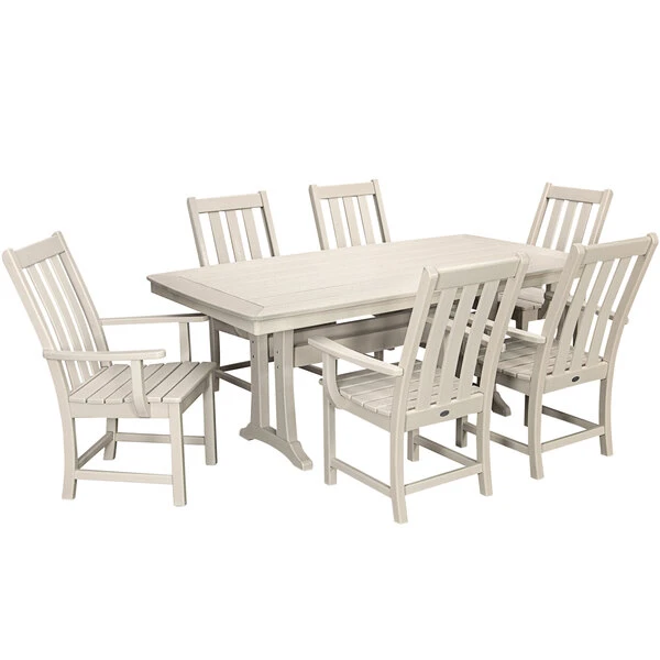 POLYWOOD Vineyard 7-Piece Sand Dining Set With Nautical Trestle Table And 6 Arm Chairs 1 POLYWOOD Vineyard 7-Piece Sand Dining Set With Nautical Trestle Table And 6 Arm Chairs