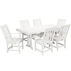 POLYWOOD Vineyard 7-Piece White Dining Set With Nautical Trestle Table And 6 Arm Chairs