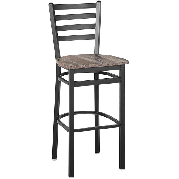 BFM Seating Lima Sand Black Steel Ladder Back Barstool With Relic Farmhouse Seat 1 BFM Seating Lima Sand Black Steel Ladder Back Barstool With Relic Farmhouse Seat