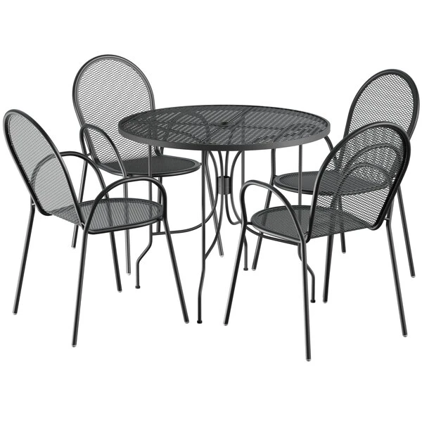 Lancaster Table & Seating Harbor Black 36" Round Outdoor Standard Height Table With Ornate Legs And 4 Arm Chairs 2 Lancaster Table & Seating Harbor Black 36" Round Outdoor Standard Height Table With Ornate Legs And 4 Arm Chairs - Image 2