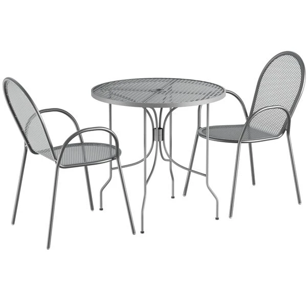 Lancaster Table & Seating Harbor Gray 30" Round Outdoor Standard Height Table With Ornate Legs And 2 Arm Chairs 2 Lancaster Table & Seating Harbor Gray 30" Round Outdoor Standard Height Table With Ornate Legs And 2 Arm Chairs - Image 2