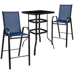 Flash Furniture TLH-073H092H-NV-GG 27 1/2" X 27 1/2" X 39 1/2" Outdoor Glass Bar Table Set With 2 Navy Chairs