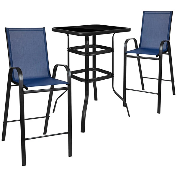 Flash Furniture TLH-073H092H-NV-GG 27 1/2" X 27 1/2" X 39 1/2" Outdoor Glass Bar Table Set With 2 Navy Chairs 1 Flash Furniture TLH-073H092H-NV-GG 27 1/2" X 27 1/2" X 39 1/2" Outdoor Glass Bar Table Set With 2 Navy Chairs