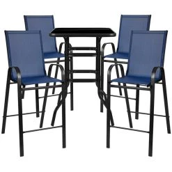 Flash Furniture TLH-073H092H4-NV-GG 27 1/2" X 27 1/2" X 39 1/2" Outdoor Glass Bar Table Set With 4 Navy Chairs